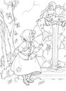 Fairytale scene with old woman near magical forest waterfall coloring book page Royalty Free Stock Photo