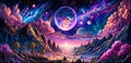 Fairytale scenery on alien planet. Glowing sky, landscape with mountains, trees and planets