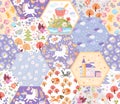 Fairytale seamless patchwork pattern with unicorns, cats and foxes, castle, flowers and trees in magic forest. Cute print