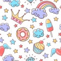 Fairytale seamless pattern with clouds, cupcake, donut, stars, rainbow and crown. Magic colorful background