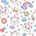 Fairytale seamless pattern with unicorn cats, clouds, cupcake, donut, stars, rainbow and crown. Magic colorful background