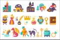Fairytale set, princess, princess, castle, gnome, witch, dragon, rainbow, knight and othe elements vector Illustrations