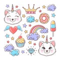 Fairytale set with unicorn cats, clouds, cupcake, ice cream, donut, stars, rainbow and crown. Magic colorful patches and stickers Royalty Free Stock Photo