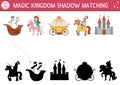 Fairytale shadow matching activity with castle, princess, knight. Magic kingdom puzzle with traditional symbols and characters. Royalty Free Stock Photo