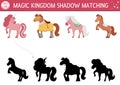 Fairytale shadow matching activity with horses and unicorn. Magic kingdom puzzle with cute characters. Find correct silhouette Royalty Free Stock Photo