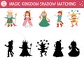 Fairytale shadow matching activity with king, queen, prince, princess. Magic kingdom puzzle with cute characters. Find correct