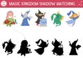 Fairytale shadow matching activity with mermaid, dragon, fairy. Magic kingdom puzzle with cute characters. Find correct silhouette