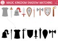 Fairytale shadow matching activity with sward, shield, helmet. Magic kingdom puzzle with traditional knight armor. Find correct Royalty Free Stock Photo