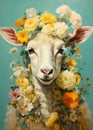 Fairytale sheep surrounded by flowers. Gorgeous illustrations of characteristic animal portraits in the style of