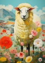 Fairytale sheep surrounded by flowers. Gorgeous illustrations of characteristic animal portraits in the style of