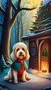 Fairytale small dog near hut in winter woods Royalty Free Stock Photo