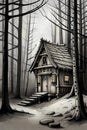 Fairytale small hut in dark gloomy woods Royalty Free Stock Photo