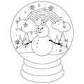 Fairytale snow globe with a snowman. Vector black and white coloring page