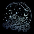 Fairytale style crescent moon with a human face resting on a curly cloud. Starry night sky background. Graphic style