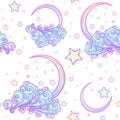 Fairytale style crescent moon with a human face resting on a curly ornate cloud with a starry nignht sky behind. Pastel Royalty Free Stock Photo