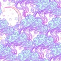 Fairytale style crescent moon with a human face resting on a curly ornate cloud with a starry nignht sky behind. Pastel Royalty Free Stock Photo