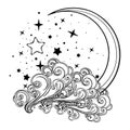 Fairytale style crescent moon with a human face resting on a curly ornate cloud with a starry nignht sky behind. Pastel Royalty Free Stock Photo