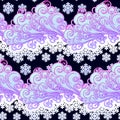 Fairytale style winter festive seamless pattern. Curly ornate clouds with a falling snowflakes. Christmas mood. Pastel Royalty Free Stock Photo