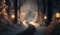 Fairytale surreal fantasy Christmas enchanted woodland with snow. Generative AI