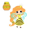 Fairytale sweetheart Princess bee, cartoon girl. Vector drawing honey
