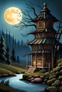 Fairytale tall round house by brook at moonlit night Royalty Free Stock Photo