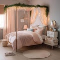 A fairytale-themed bedroom with a canopy bed, twinkling string lights, whimsical decor, and dreamy pastel colors2