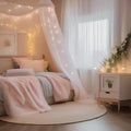 A fairytale-themed bedroom with a canopy bed, twinkling string lights, whimsical decor, and dreamy pastel colors1