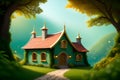 Fairytale tree house in a mysterious forest, house of pixies and elves. template for design. Playground AI platform. Royalty Free Stock Photo