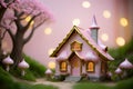 Fairytale tree house in a mysterious forest, house of pixies and elves. template for design. Playground AI platform. Royalty Free Stock Photo
