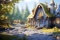 Fairytale tree house in a mysterious forest, house of pixies and elves. template for design. Playground AI platform. Royalty Free Stock Photo