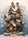 Fairytale tree house, village in forest, kids illustration