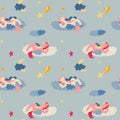 Fairytale unicorn sleeps. Seamless pattern