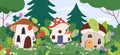 Fairytale village in forest. Fantasy city with mushroom houses on meadow with flowers, wood and grass. Dwarf or fairy Royalty Free Stock Photo