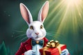 Fairytale white rabbit with red gift box Royalty Free Stock Photo