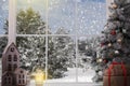 Fairytale winter christmas window and christmas object Royalty Free Stock Photo