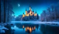 Fairytale winter forest with lake, magical castle with lights, cold night