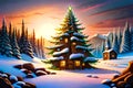 Fairytale winter landscape with Christmas tree house