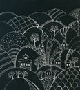 Fairytale winter landscape with houses and trees on hills. Doodle drawing by silver gel pen on black paper. Night scene