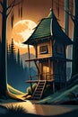 Fairytale wooden hut by the brook in forest at moonlit night Royalty Free Stock Photo