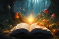 Fairytale world. A book of fairy tales opens a magical road to a fairy forest Royalty Free Stock Photo