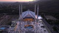 Faisal Masjid in Islamabad at twilight Prayers gathered in largest Mosque in Pakistan to eat Iftari, Ramazan, Aerial