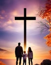 Silhouette people looking for the cross on autumn sunrise background Royalty Free Stock Photo