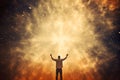 Faith. Heavenly background. Man with raised hands in front of a glowing sunburst and stars