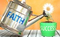 Faith helps achieving success - pictured as word Faith on a watering can to symbolize that Faith makes success grow and it is