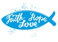 Faith, hope, love the quote on the background of the heart, calligraphic text symbol of Christianity hand drawn vector Royalty Free Stock Photo