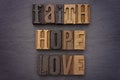 Faith, Hope, Love Spelled out in Type Set Royalty Free Stock Photo