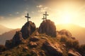 Faith, hope, love, three crosses at the peak of the mountain. A biblical scene. Royalty Free Stock Photo