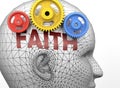 Faith and human mind - pictured as word Faith inside a head to symbolize relation between Faith and the human psyche, 3d