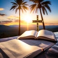 Faith Illuminated: Open Bible Script in Blur with Focus on Palm Cross on Sunrise Background Ã¢â¬â Crucifix Symbol of Faith