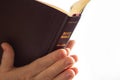 A faithful Christian woman with praying hands holding Holy Bible prays to God and Jesus Christ in faith. Royalty Free Stock Photo